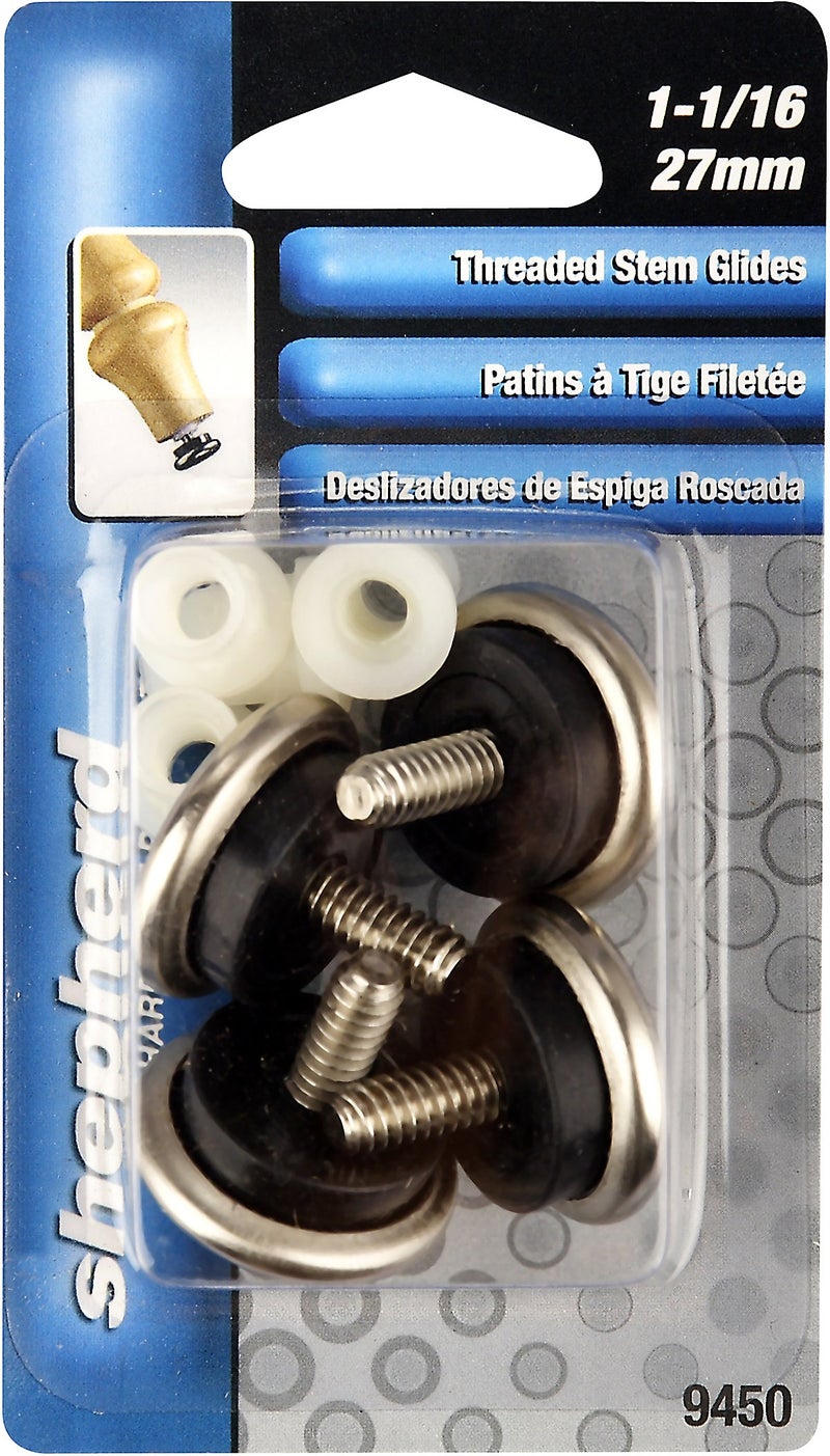 Shepherd Hardware 9450 1-1/16-Inch Threaded Stem Furniture Glides, 1/4-Inch Stem Diameter, Metal Base with Rubber Cushion, 4-Pack - Image 2